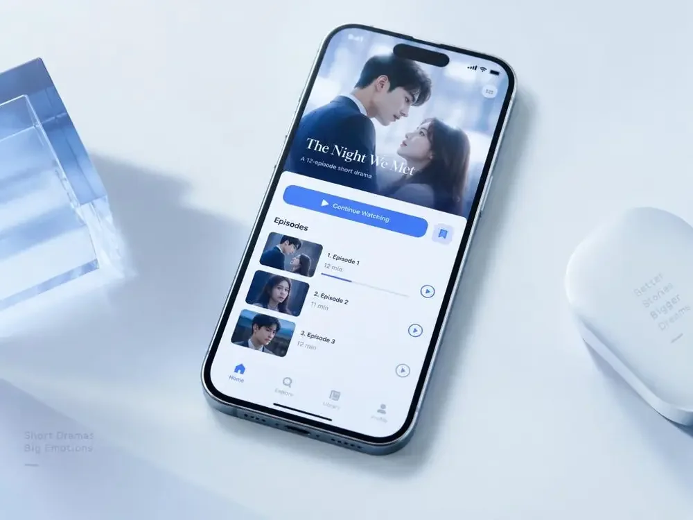 AI看片黄剧APP界面展示，象牙白桌面上的手机应用预览