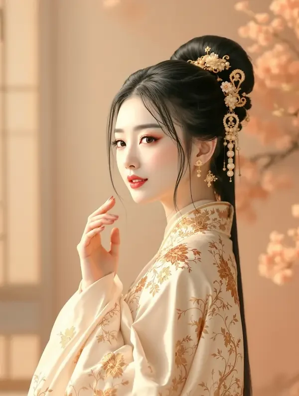 AI看片黄剧《重生之嫡女荣华》封面海报，象牙浅金汉服女主立于月下庭院