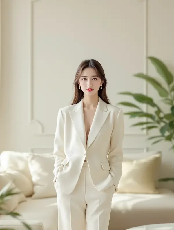 AI看片黄剧《总裁的契约千金》封面海报，象牙色大衣都市女性立于明亮大厅