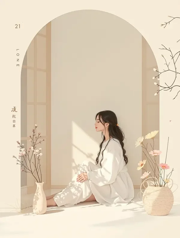 AI看片黄剧《娇宠：吻醒沉睡的你》封面海报，象牙色裙装女主于晨光窗前俯身