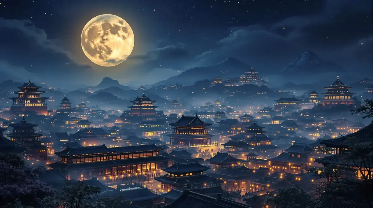 AI看片黄剧首页轮播《长安月下故人心》背景图，长安夜灯市古街