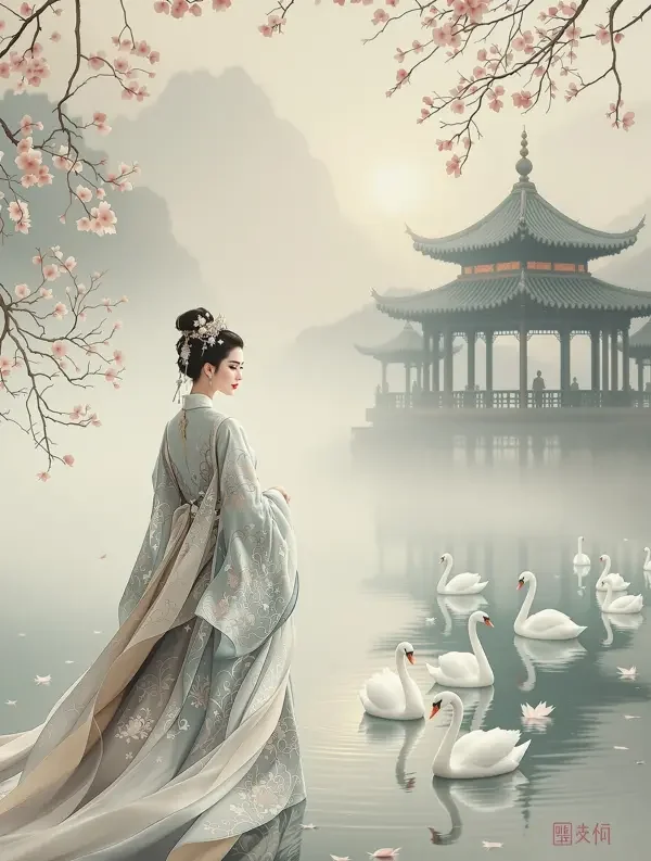 AI看片黄剧《天鹅湖畔的诺言》封面海报，象牙白礼服少女立于晨雾湖畔