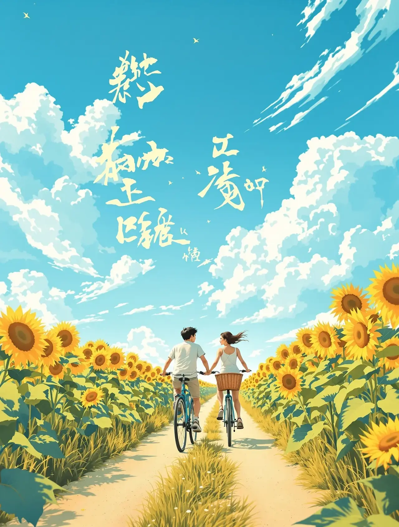 AI看片黄剧《春风十里不如你》封面海报，象牙色校服少年少女骑行花径