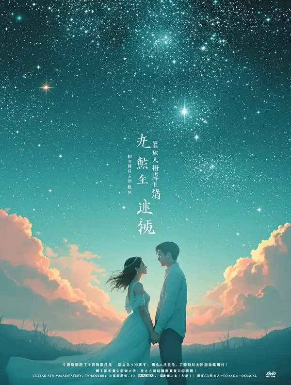 AI看片黄剧《予你星河不眠夜》封面海报，象牙色情侣于星空天台相依