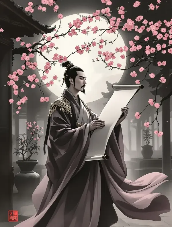 AI看片黄剧《长安月下故人心》封面海报，象牙浅金长衫书生立于长安灯市