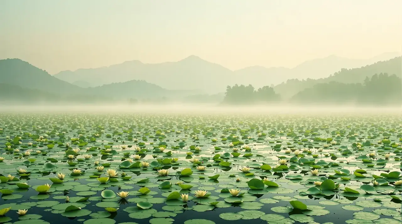 AI看片黄剧首页轮播《天鹅湖畔的诺言》背景图，晨雾湖畔天鹅游弋